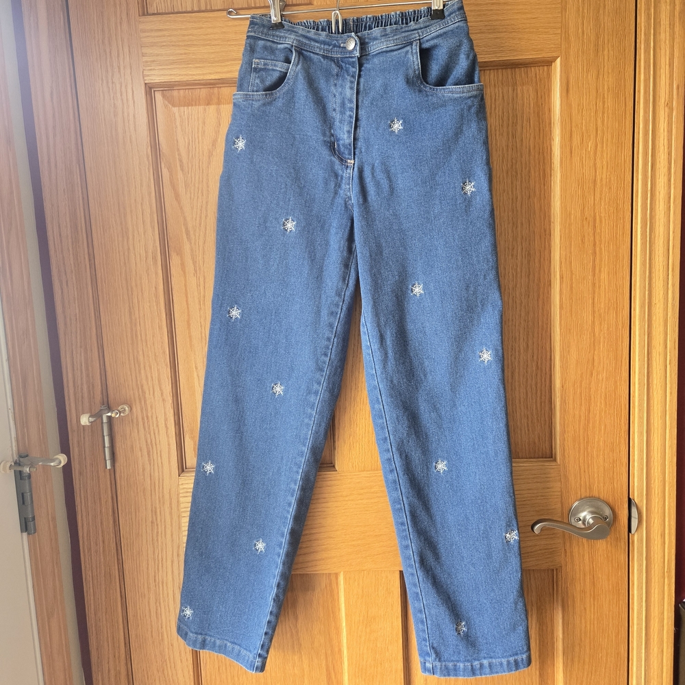Quacker Factory Blue Straight Leg Jeans with Star/Snowflake Embroidery - Picture 1 of 7
